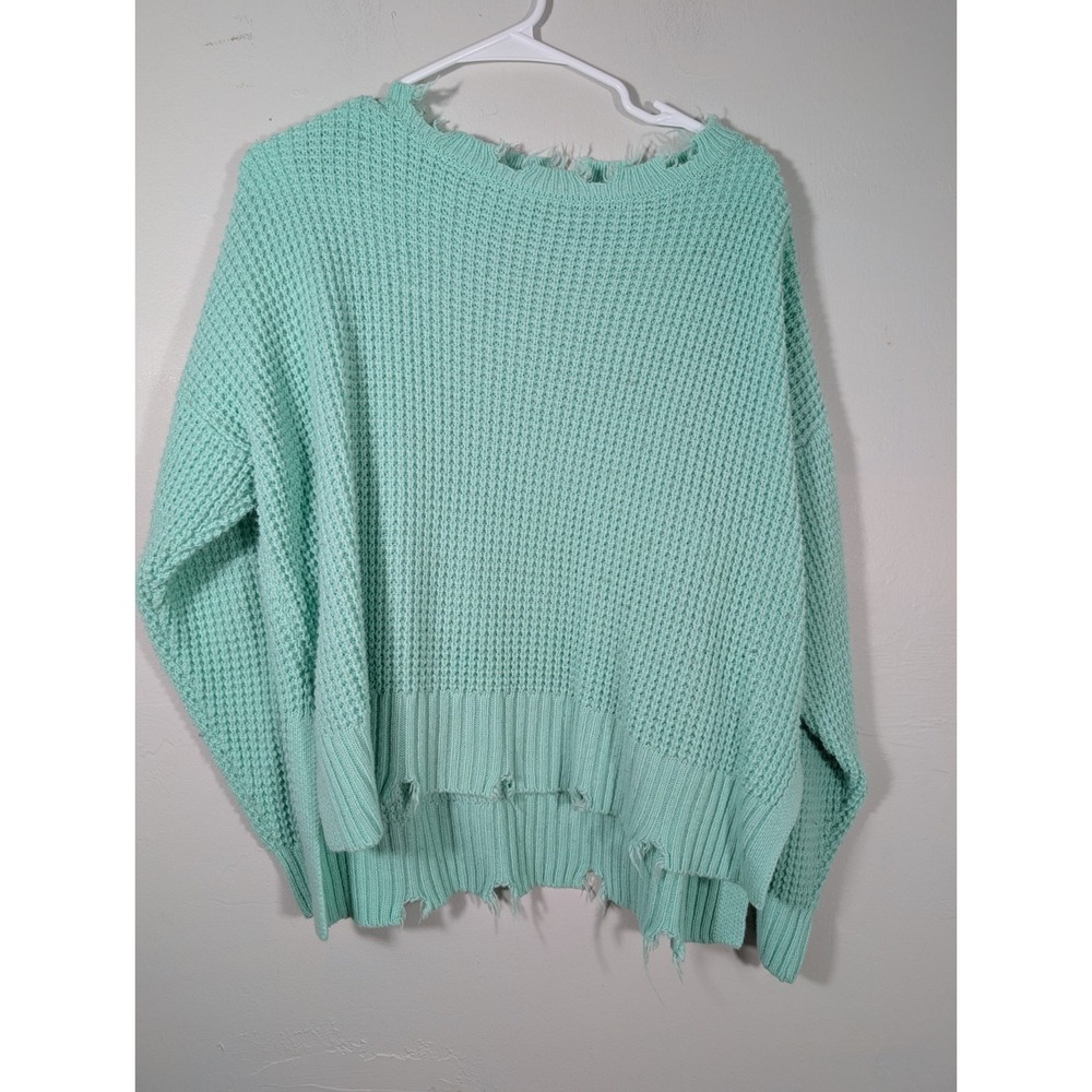 Zenana XL Chunky Waffle Knit Sweater Distressed Round Neck Long Sleeve Mint